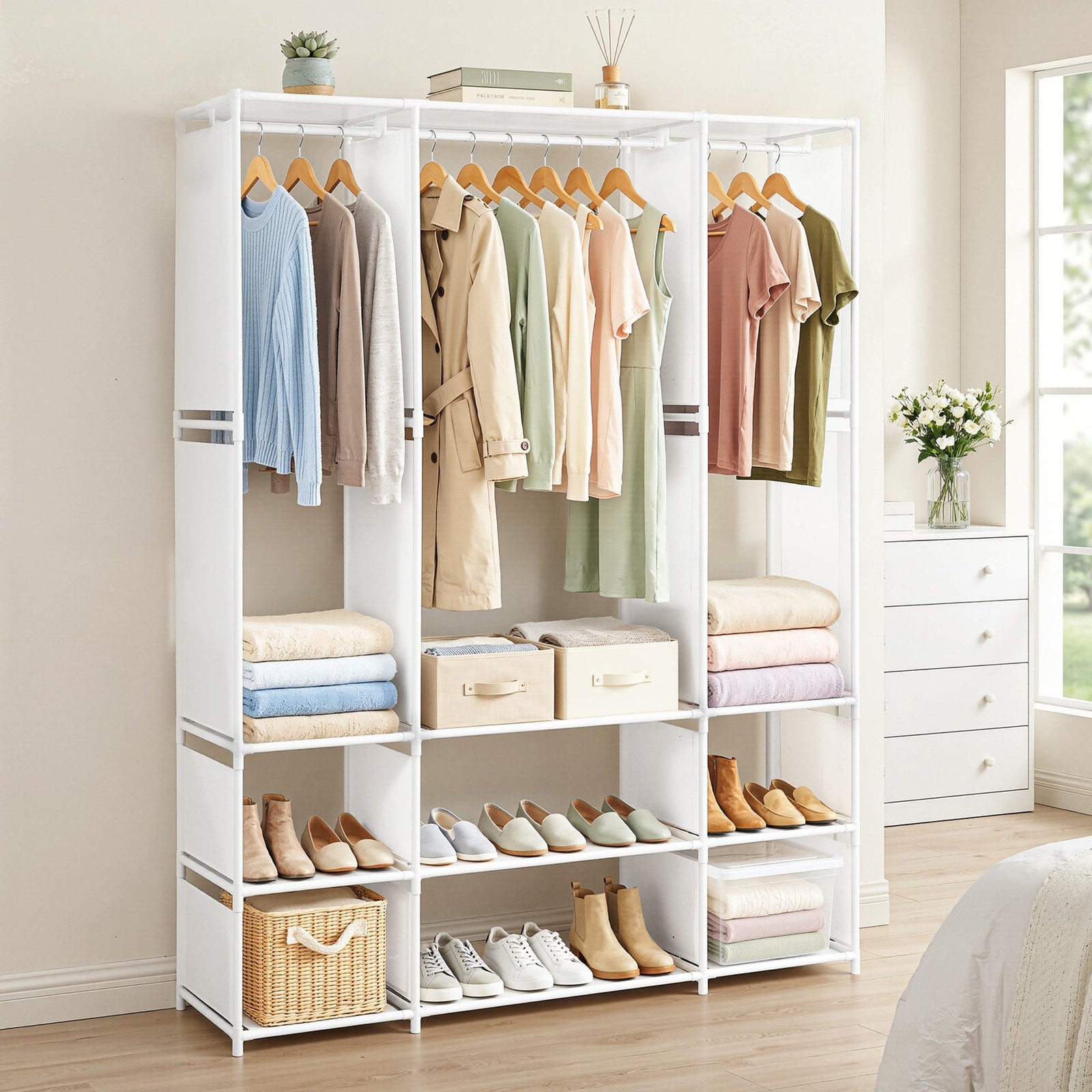 Artiss Portable Clothes Closet – White 130cm, 3 Rods & 9 Shelves