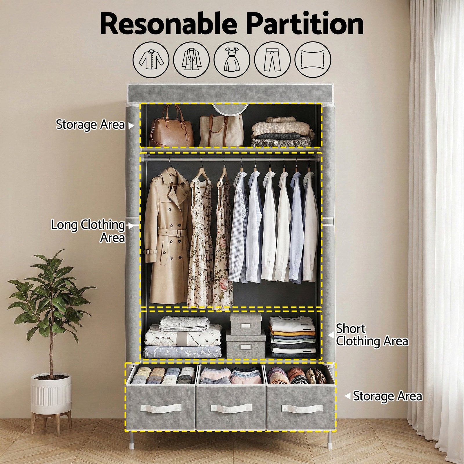 Artiss Portable Clothes Closet – Grey 90cm with Tiebacks & 3 Drawers