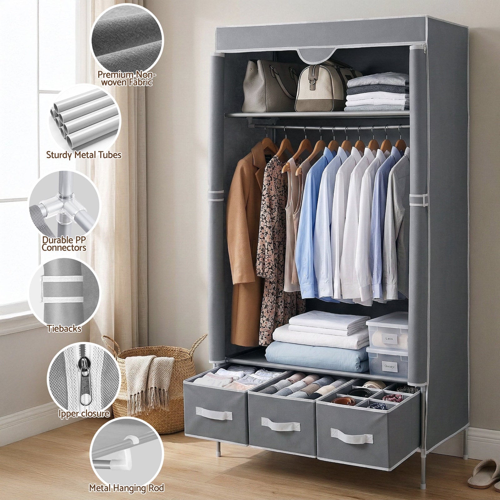 Artiss Portable Clothes Closet – Grey 90cm with Tiebacks & 3 Drawers