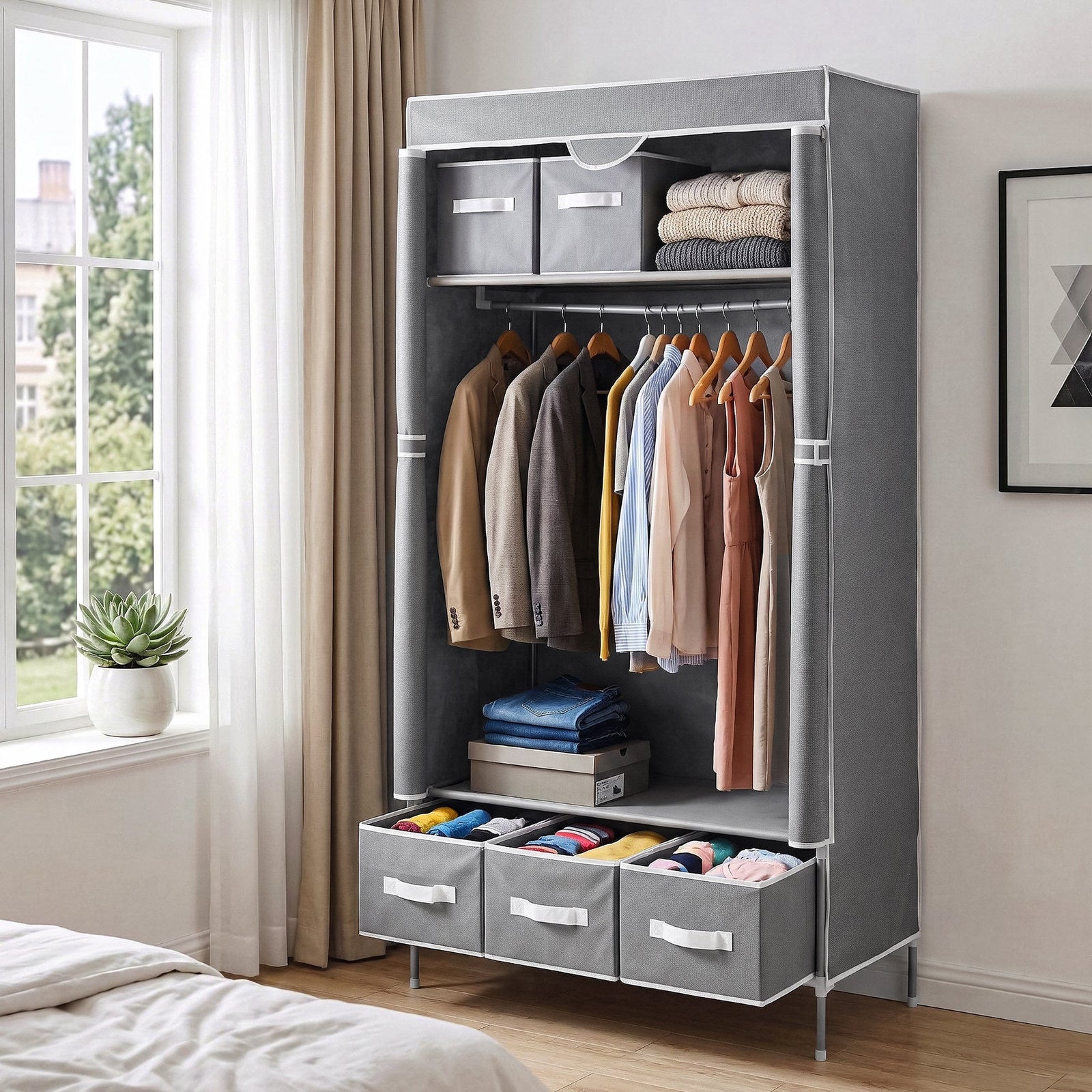 Artiss Portable Clothes Closet – Grey 90cm with Tiebacks & 3 Drawers