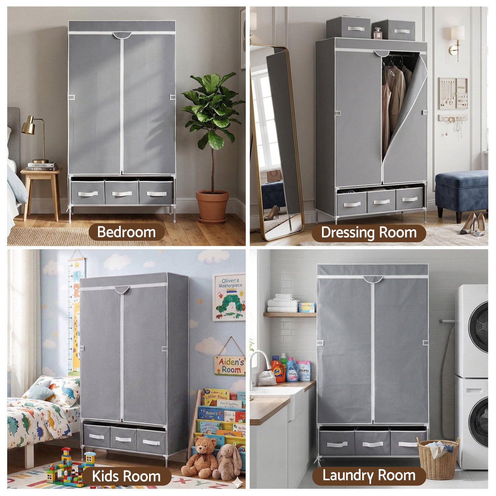 Artiss Portable Clothes Closet – Grey 90cm with Tiebacks & 3 Drawers