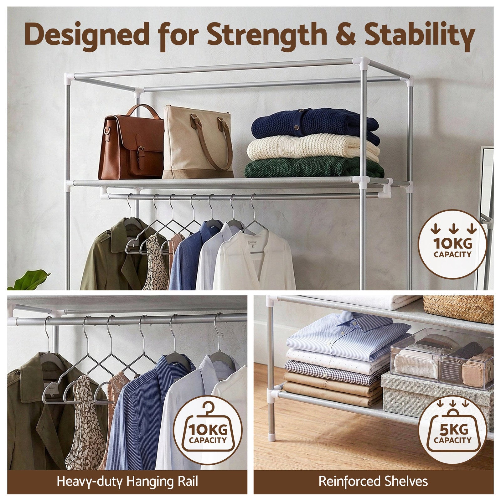 Artiss Portable Clothes Closet – Grey 90cm with Tiebacks & 3 Drawers