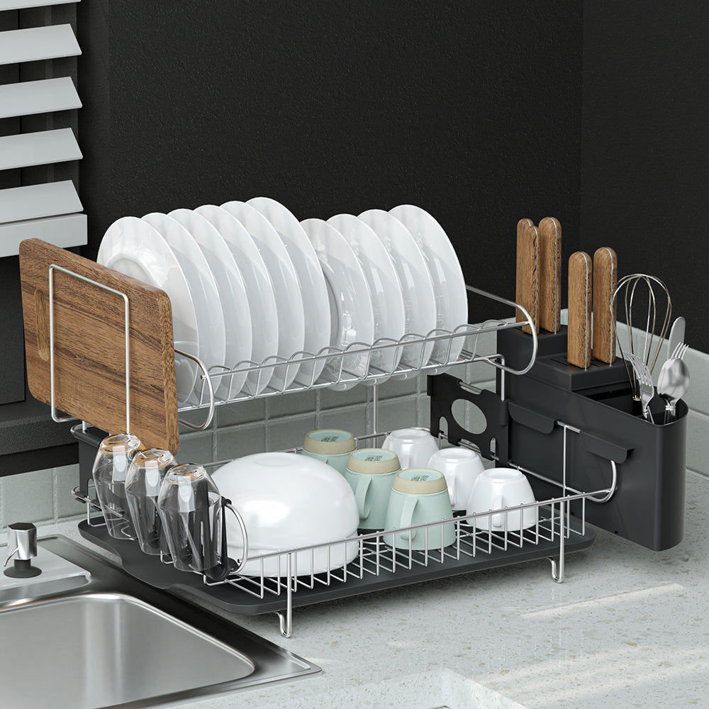 Cefito 2-Tier Dish Rack, Stainless Steel & PP Plastic, Easy to Clean, 50cm x 38cm x 28.5cm