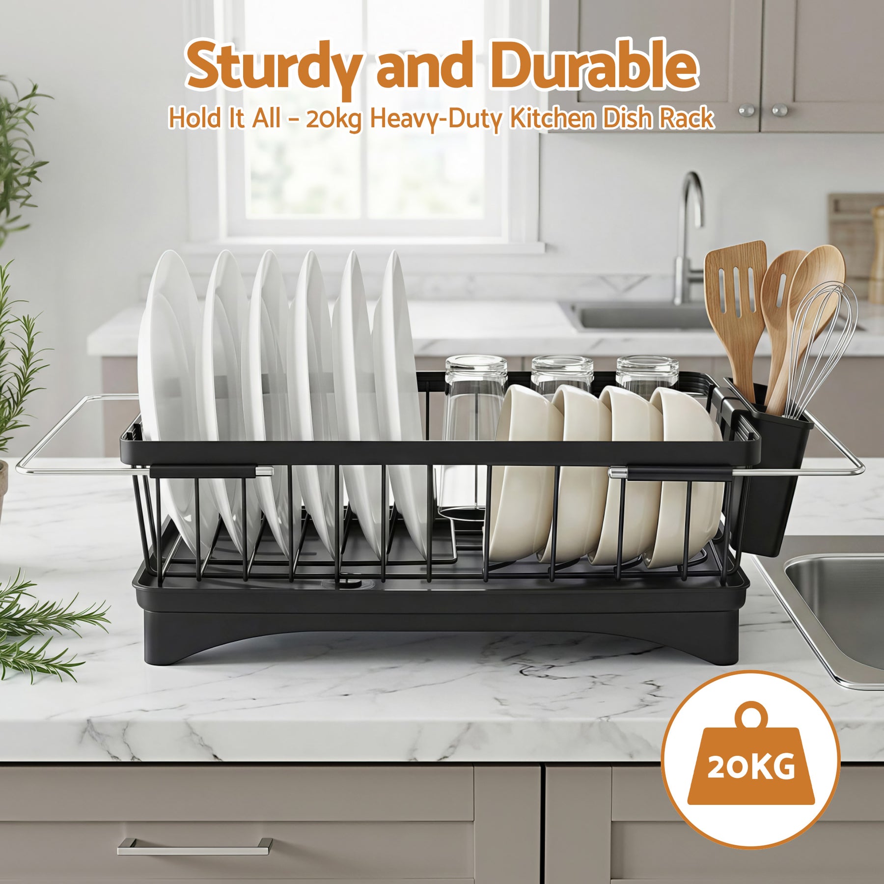 Cefito Expandable Dish Drying Rack – Black, Auto Drainage with 360° Swivel Spout