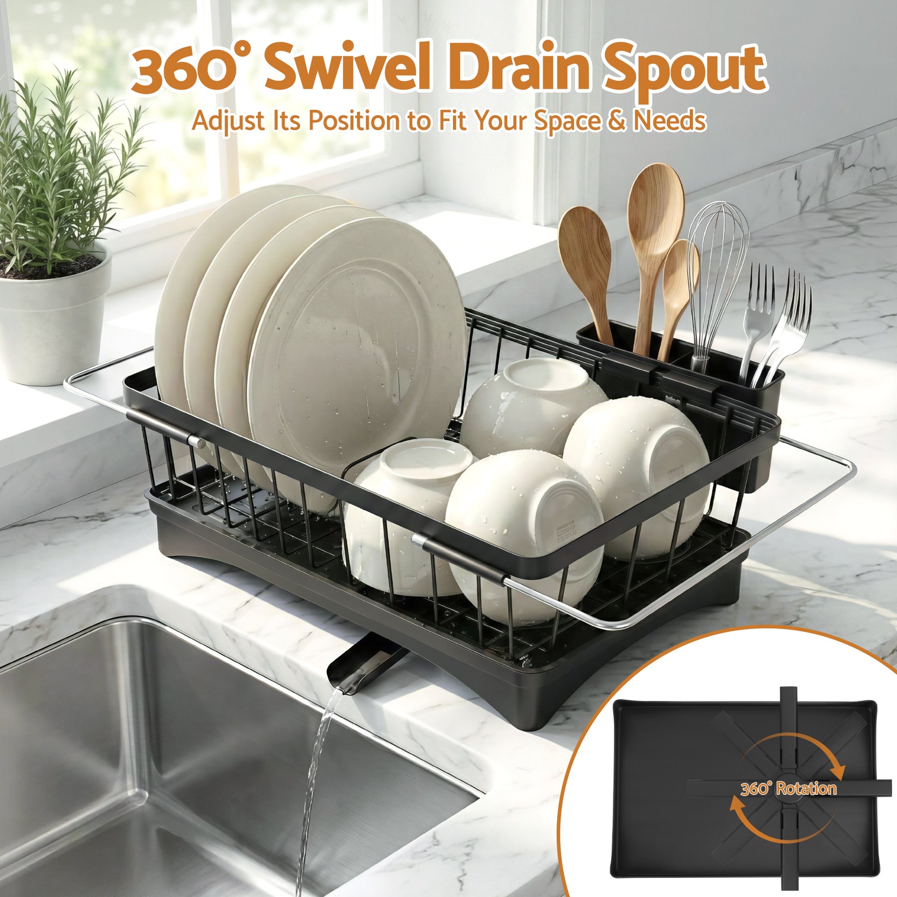 Cefito Expandable Dish Drying Rack – Black, Auto Drainage with 360° Swivel Spout