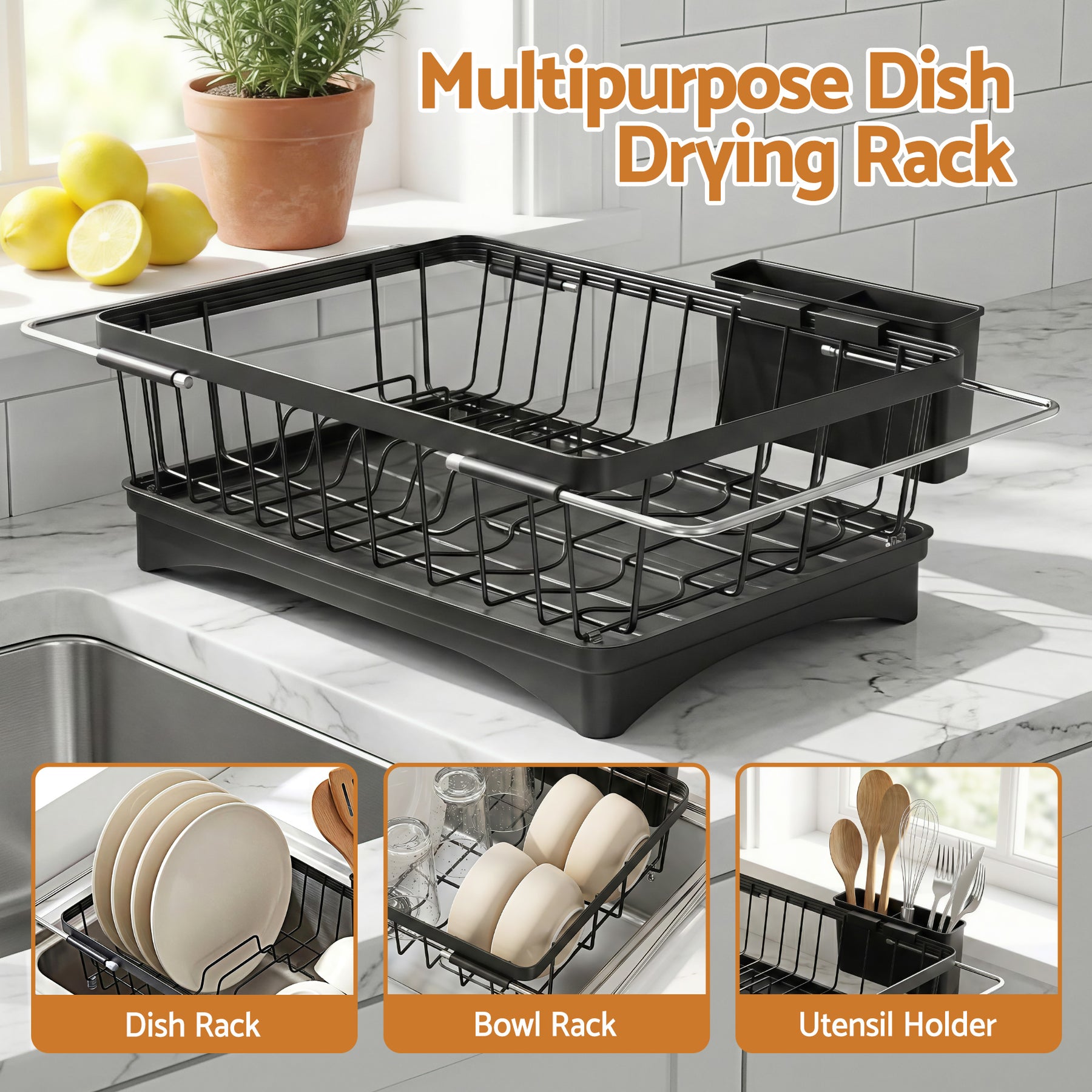 Cefito Expandable Dish Drying Rack – Black, Auto Drainage with 360° Swivel Spout