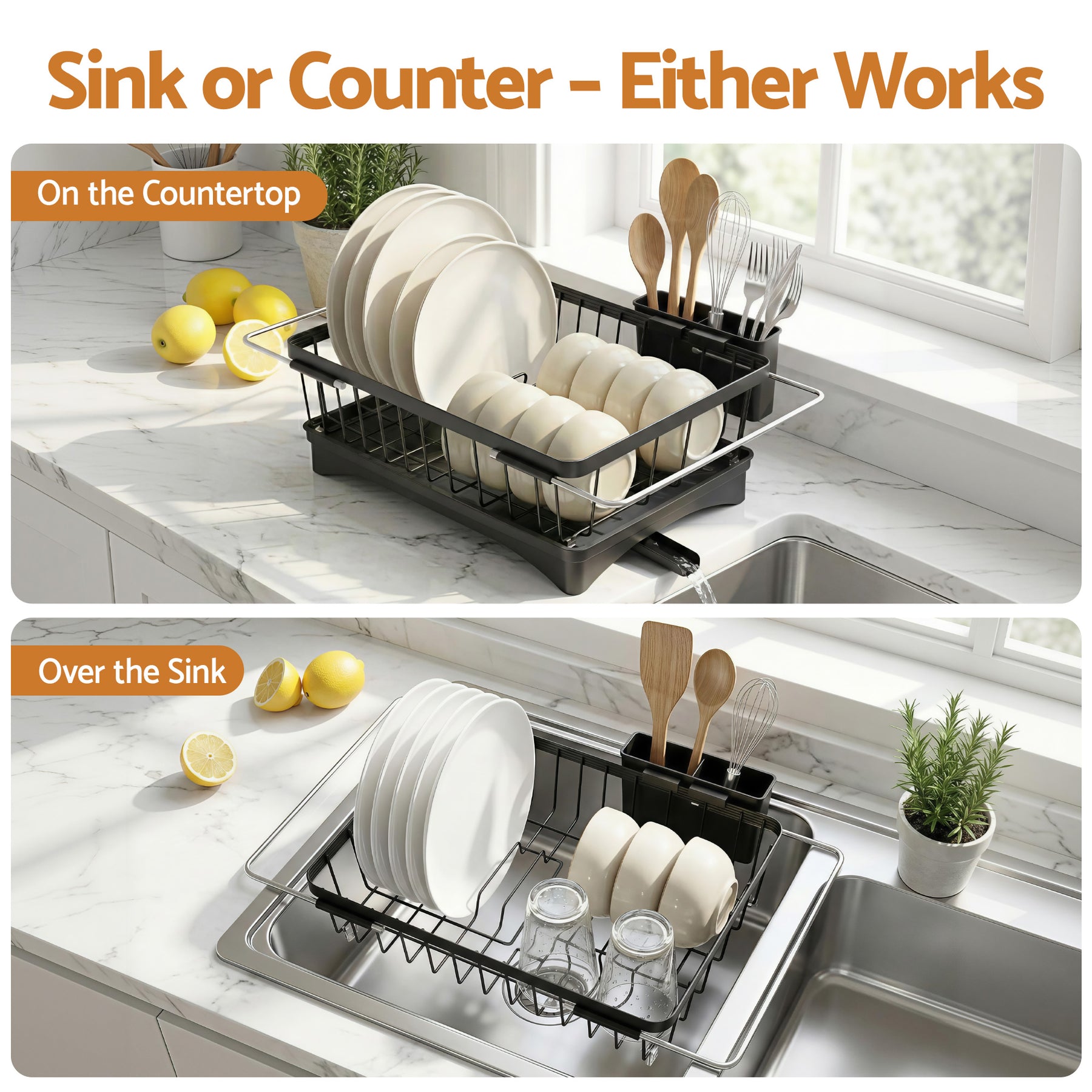 Cefito Expandable Dish Drying Rack – Black, Auto Drainage with 360° Swivel Spout