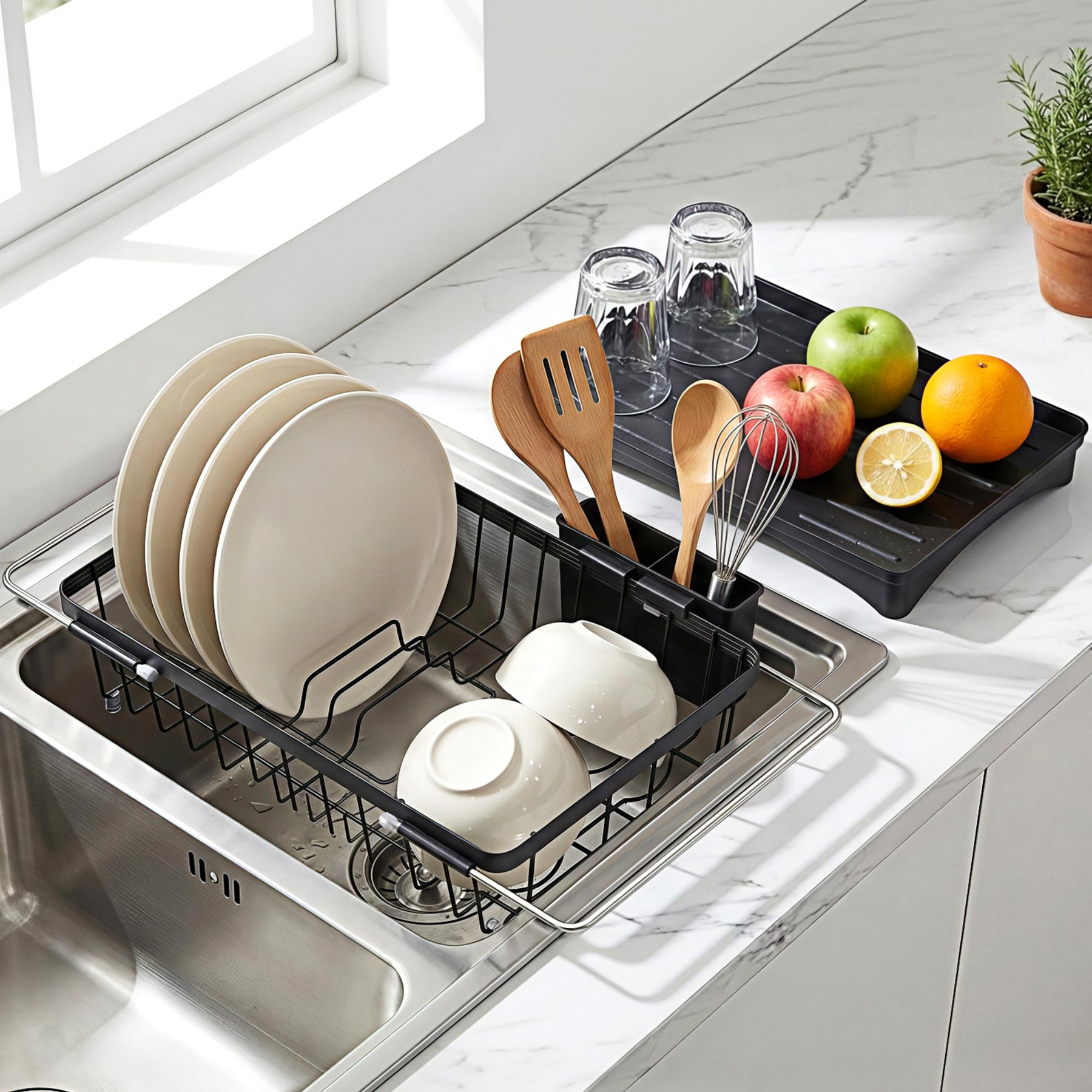 Cefito Expandable Dish Drying Rack – Black, Auto Drainage with 360° Swivel Spout