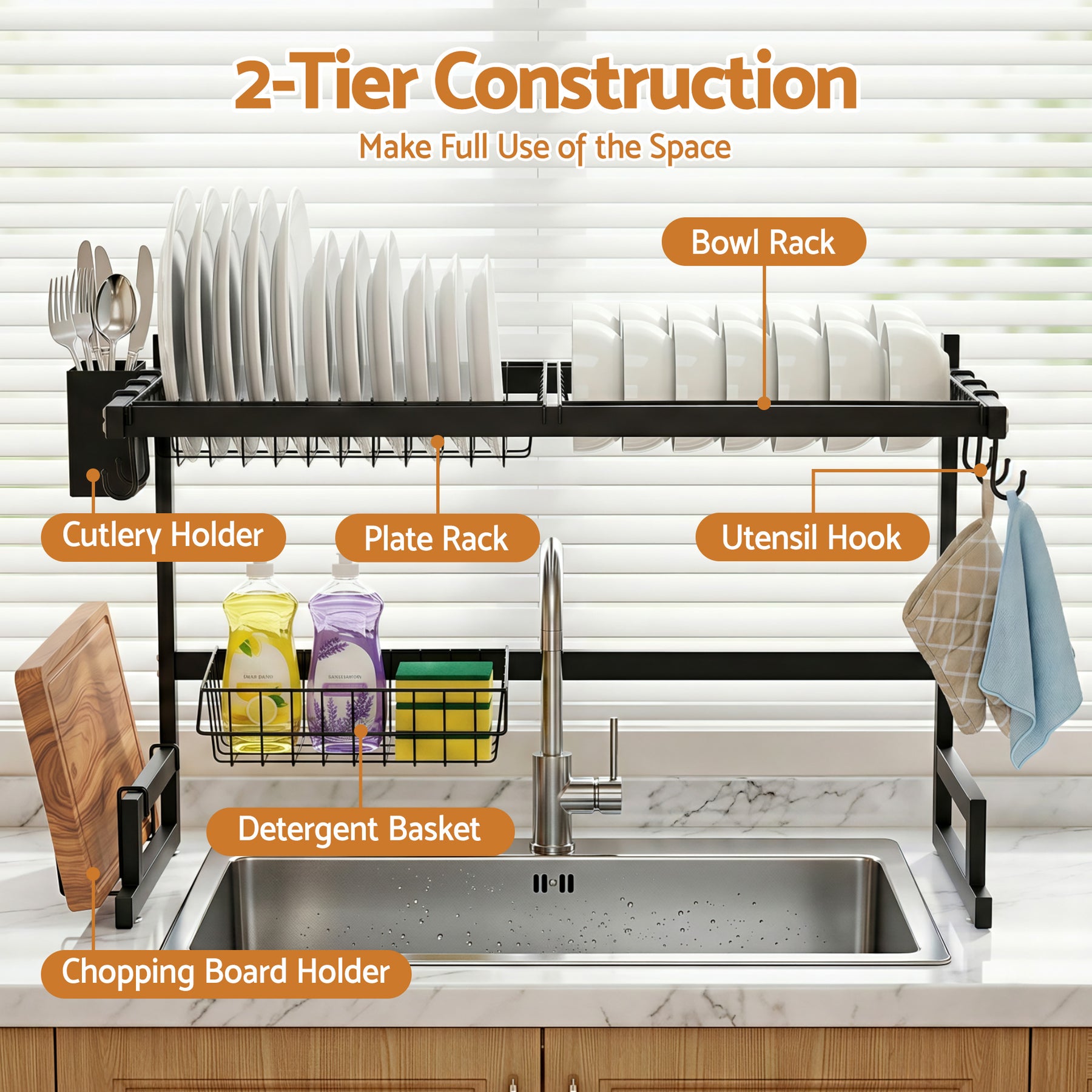 Cefito Over Sink Dish Drying Rack – Black 65cm, 2 Tier Carbon Steel