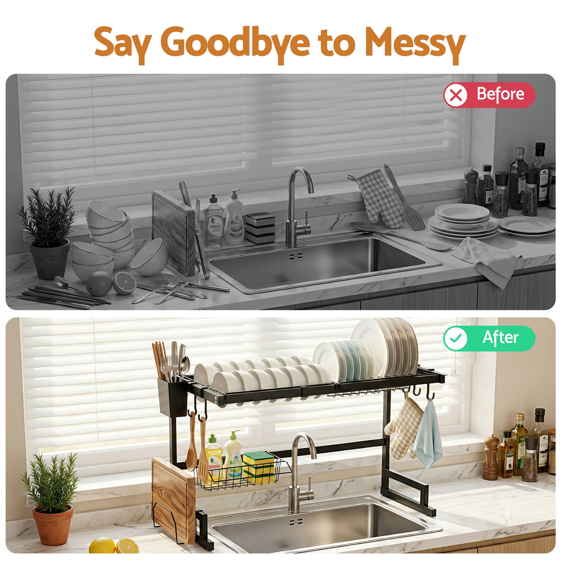 Cefito Over Sink Dish Drying Rack – Black 65cm, 2 Tier Carbon Steel