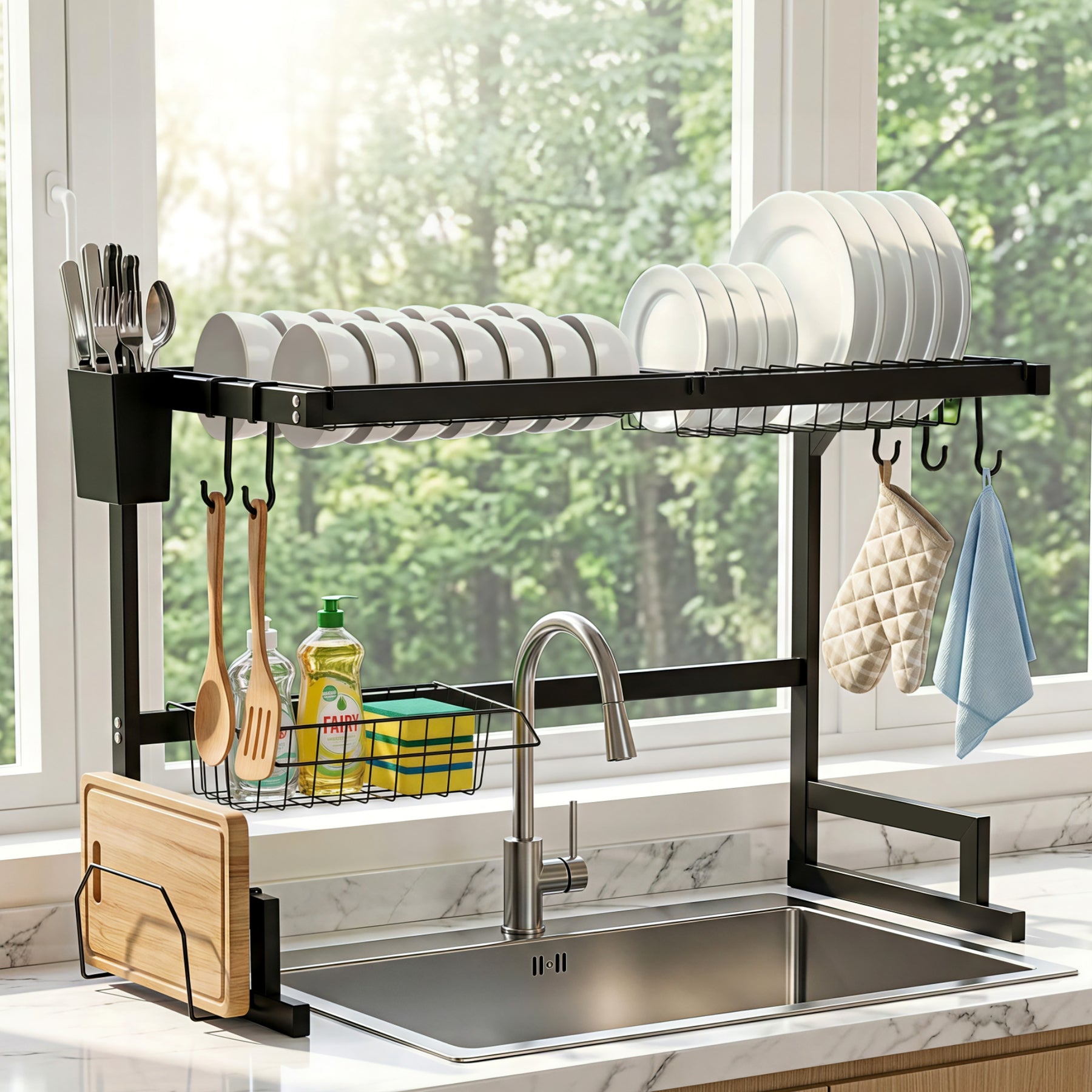 Cefito Over Sink Dish Drying Rack – Black 65cm, 2 Tier Carbon Steel