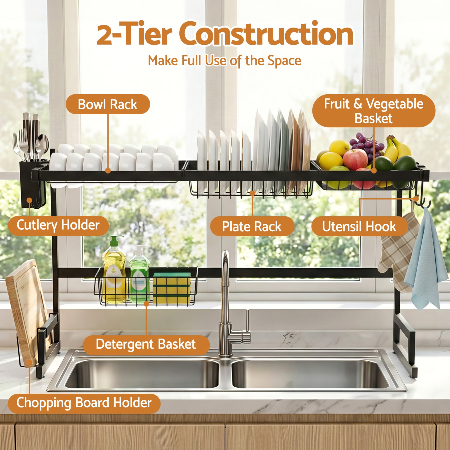 Cefito Over Sink Dish Drying Rack – Black 85cm, 2 Tier Carbon Steel