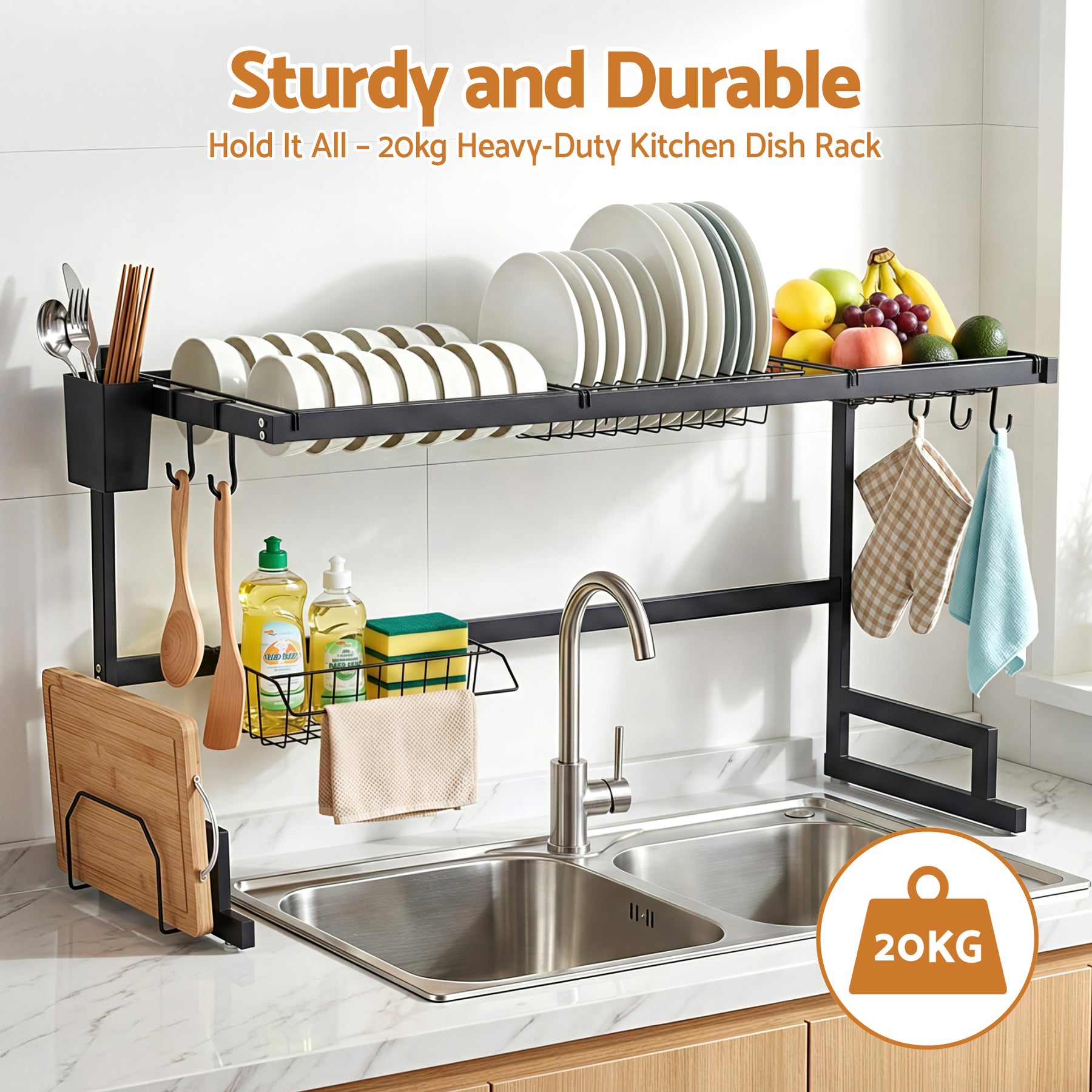 Cefito Over Sink Dish Drying Rack – Black 85cm, 2 Tier Carbon Steel
