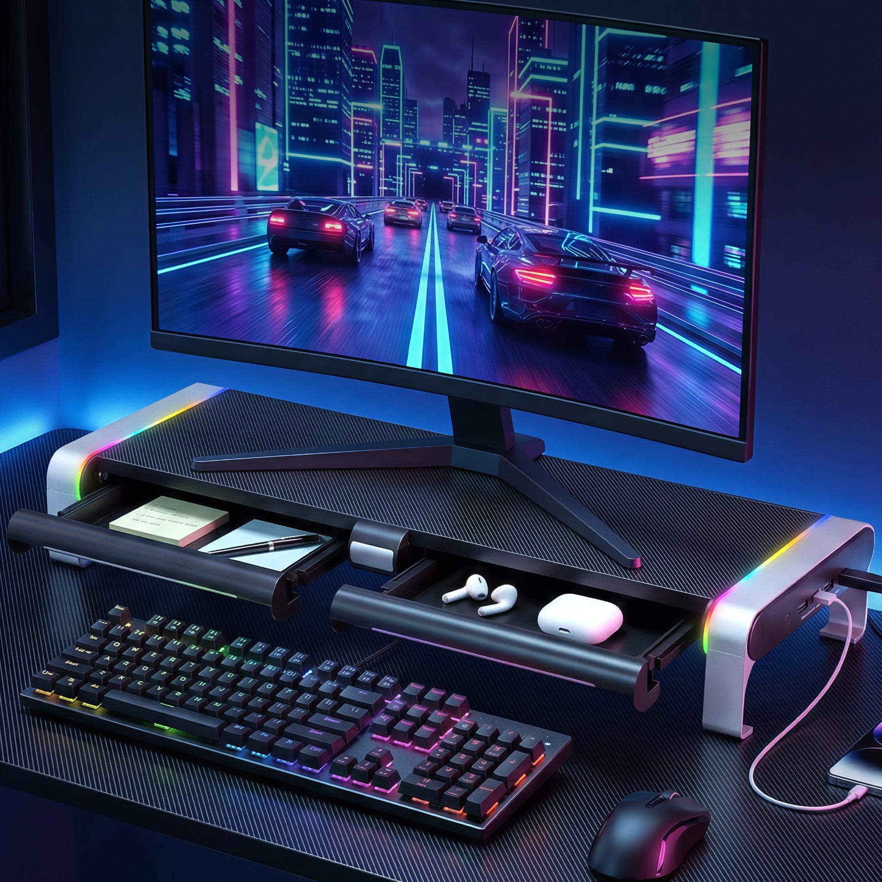 Artiss RGB Monitor Stand with USB Hub Desk Organiser Charging Stand Computer Stand Black - SuperSaverAU - view 7