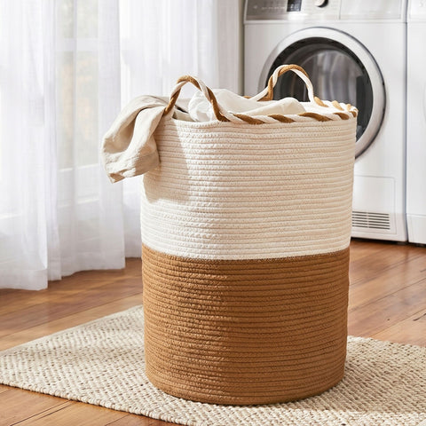 Artiss 47L Woven Laundry Basket – White & Brown Cotton Rope with Handles