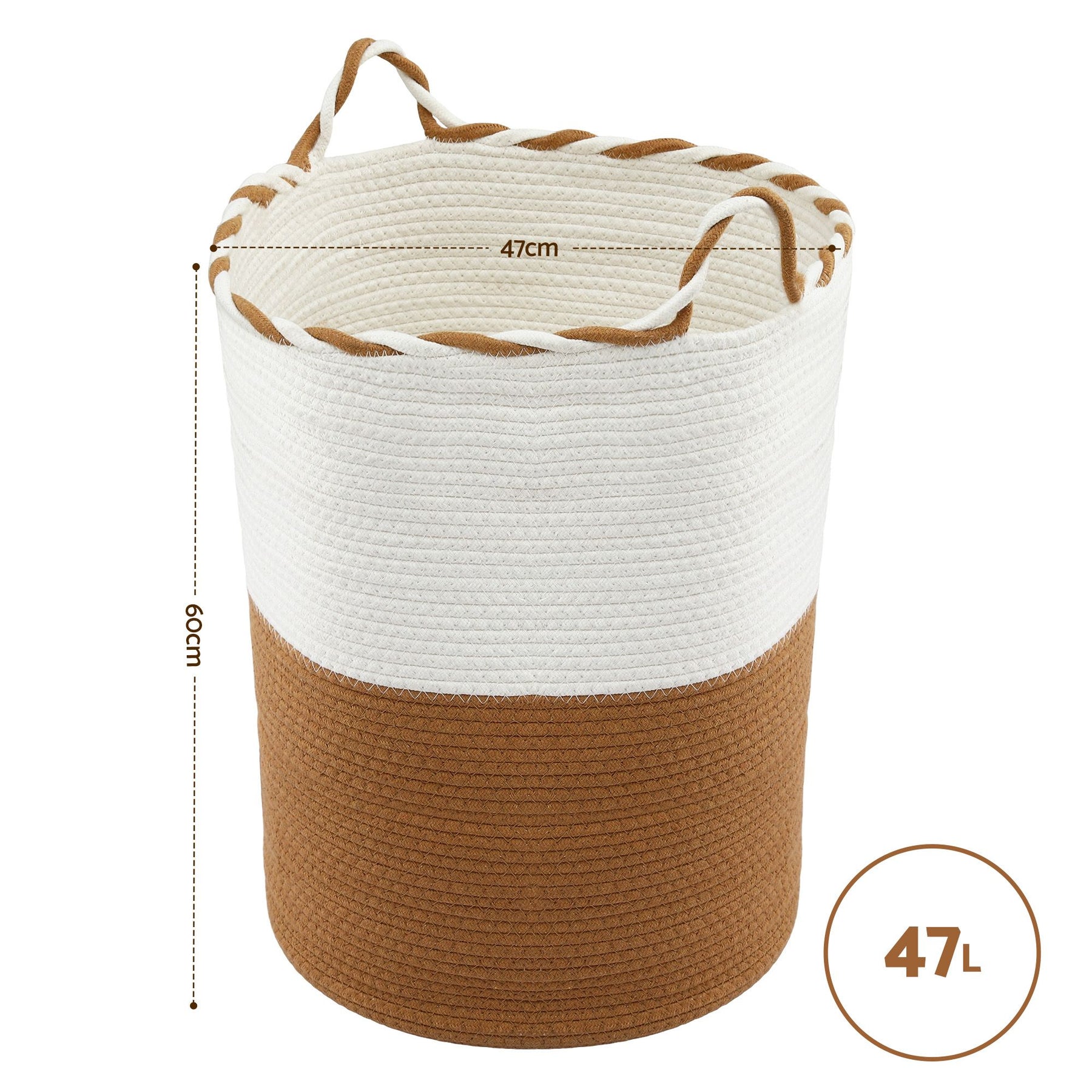Artiss 47L Woven Laundry Basket – White & Brown Cotton Rope with Handles