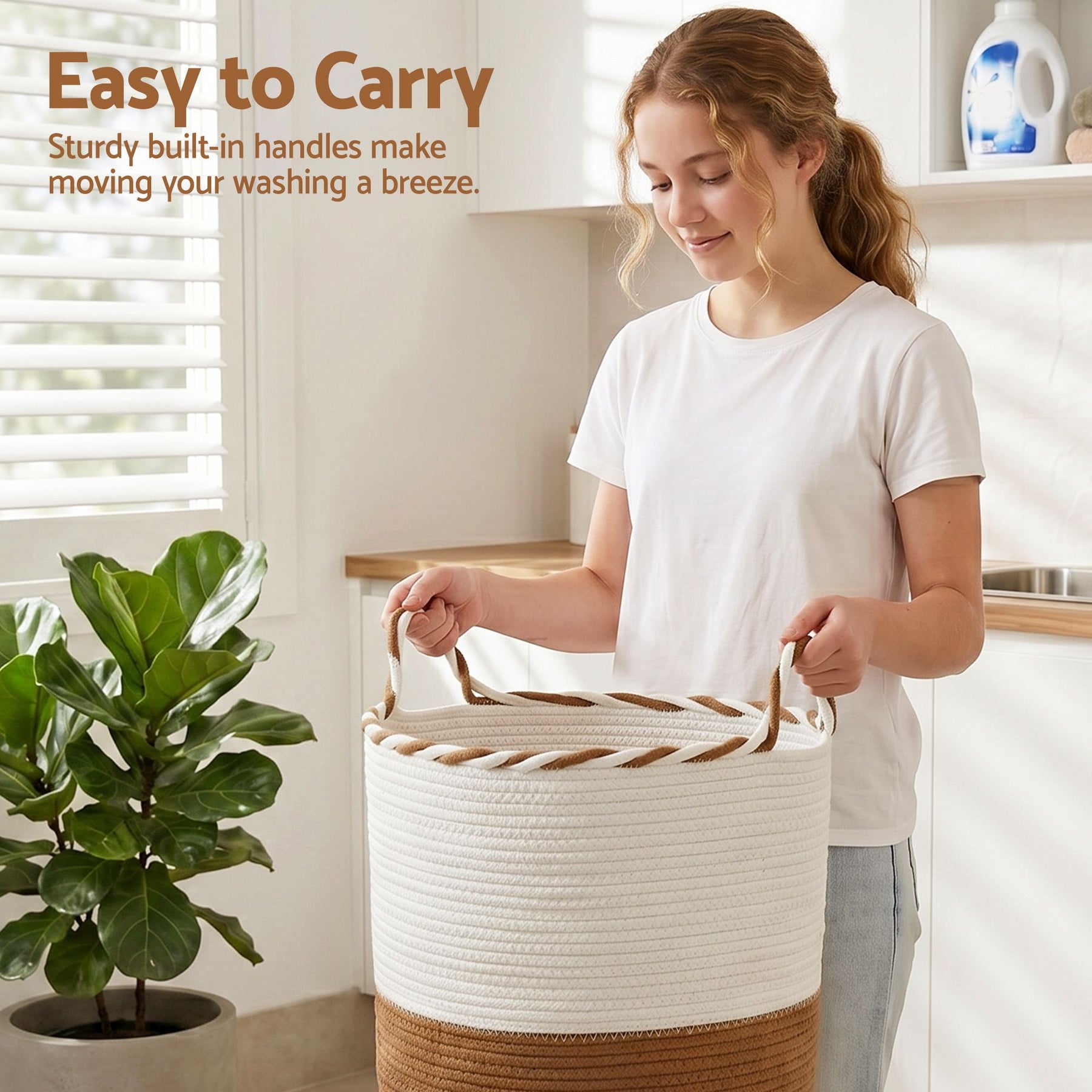 Artiss 47L Woven Laundry Basket – White & Brown Cotton Rope with Handles