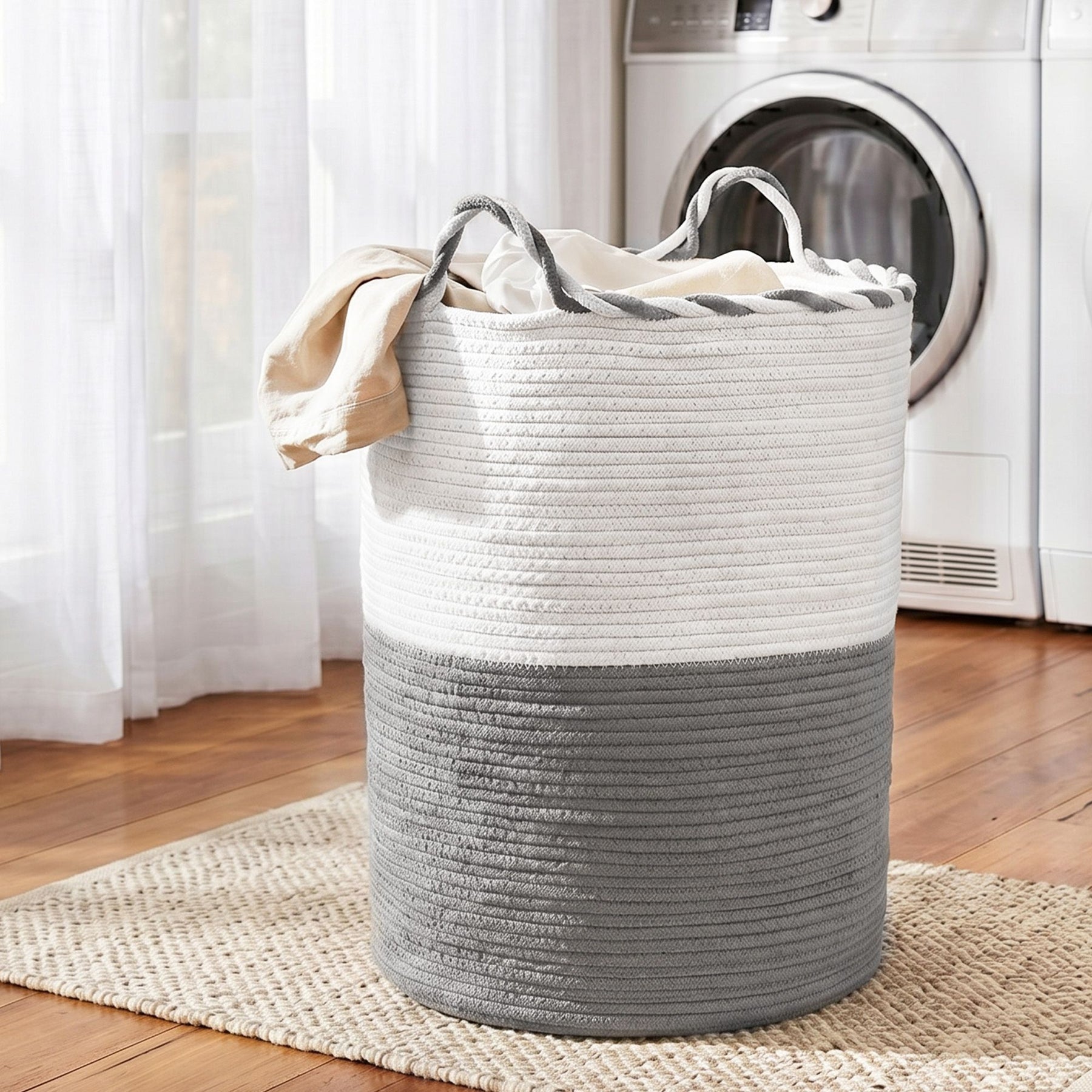 Artiss 47L Woven Laundry Basket – White & Grey Cotton Rope with Handles