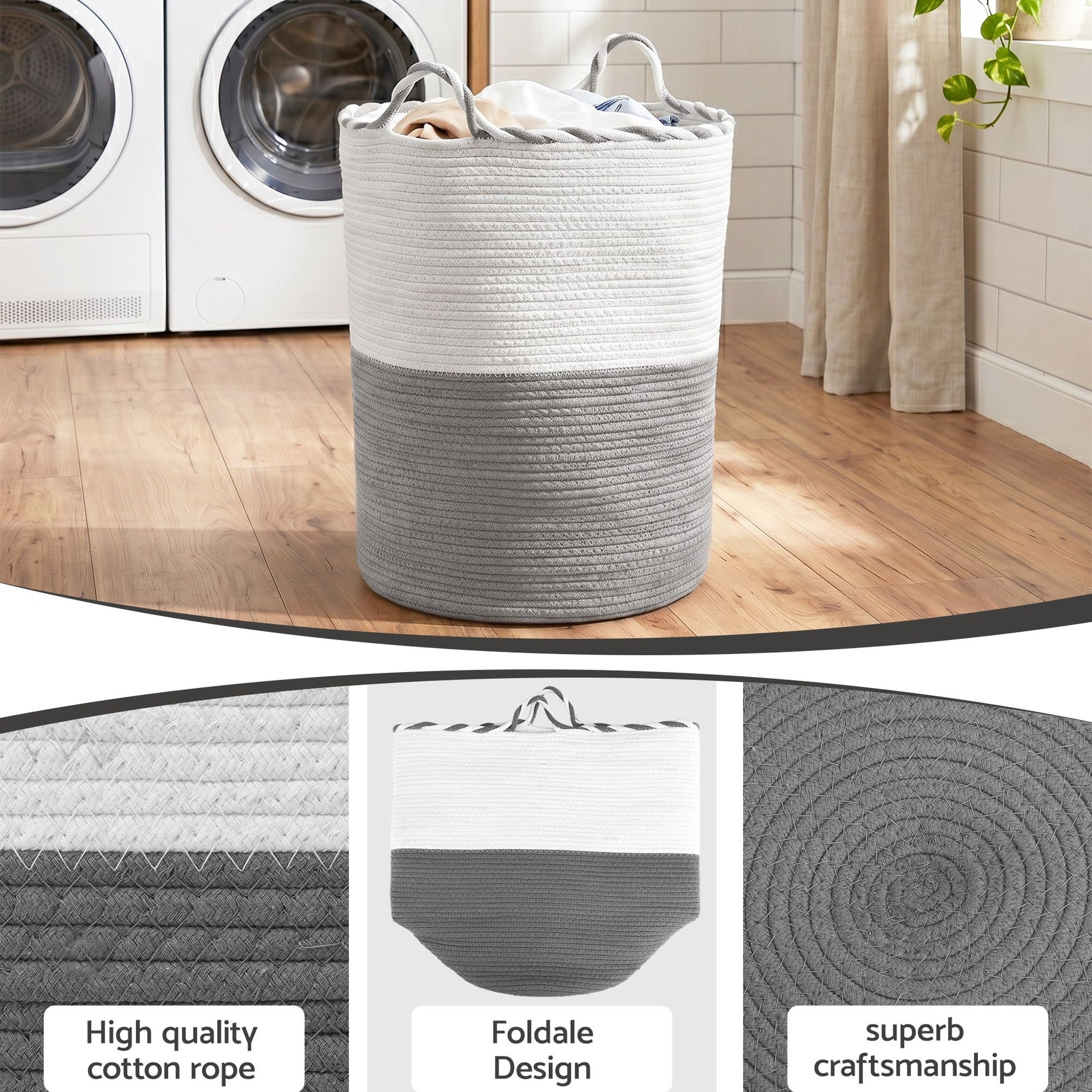 Artiss 47L Woven Laundry Basket – White & Grey Cotton Rope with Handles