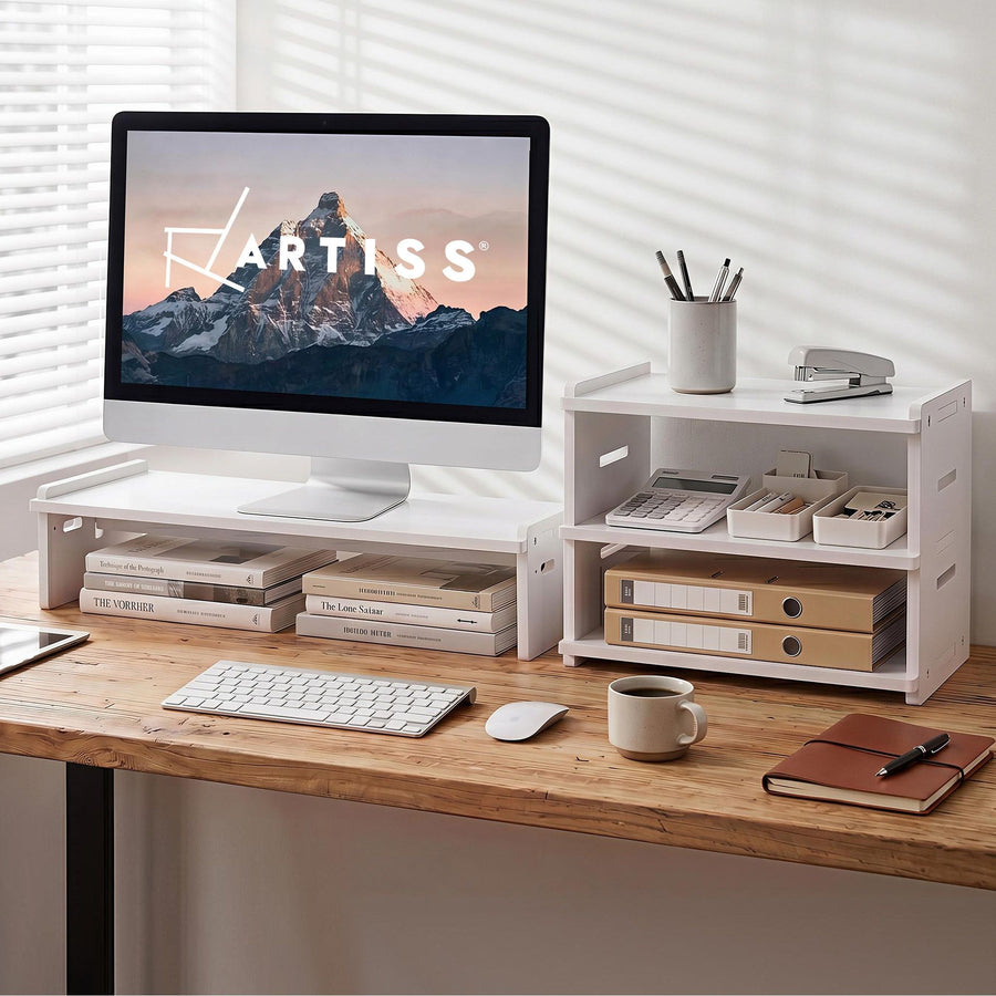 Artiss 2-in-1 Monitor Stand & 3-Tier Desk Organiser – White PVC, 20kg Capacity
