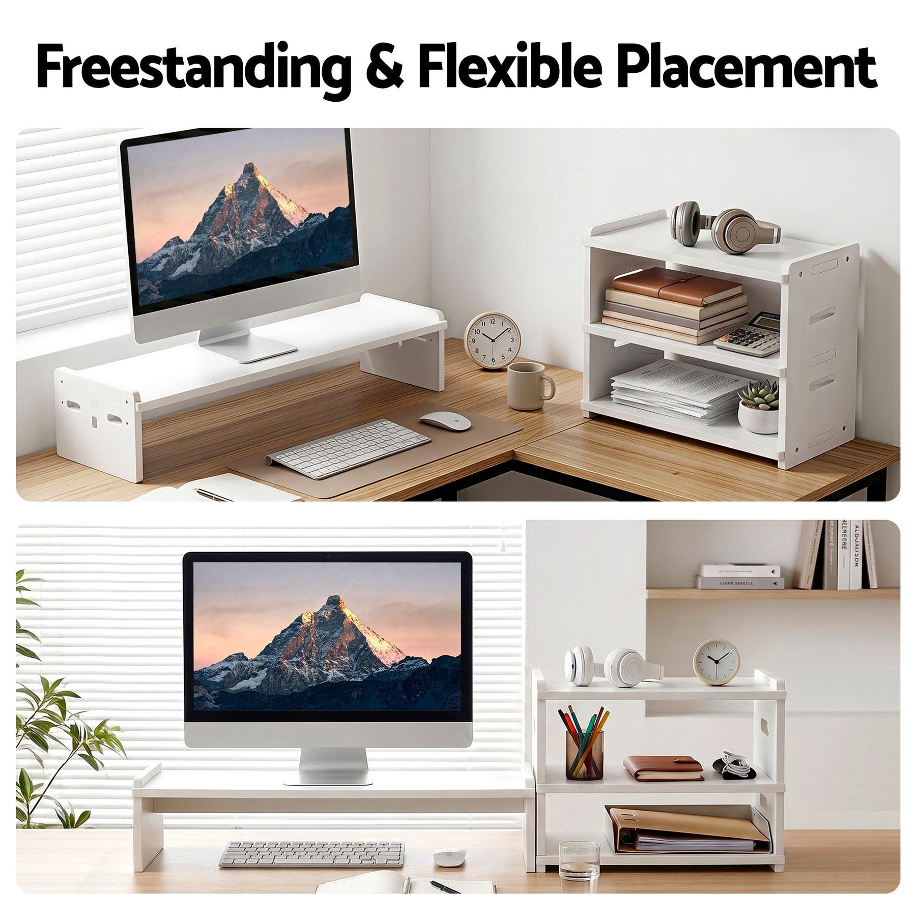 Artiss 2-in-1 Monitor Stand & 3-Tier Desk Organiser – White PVC, 20kg Capacity