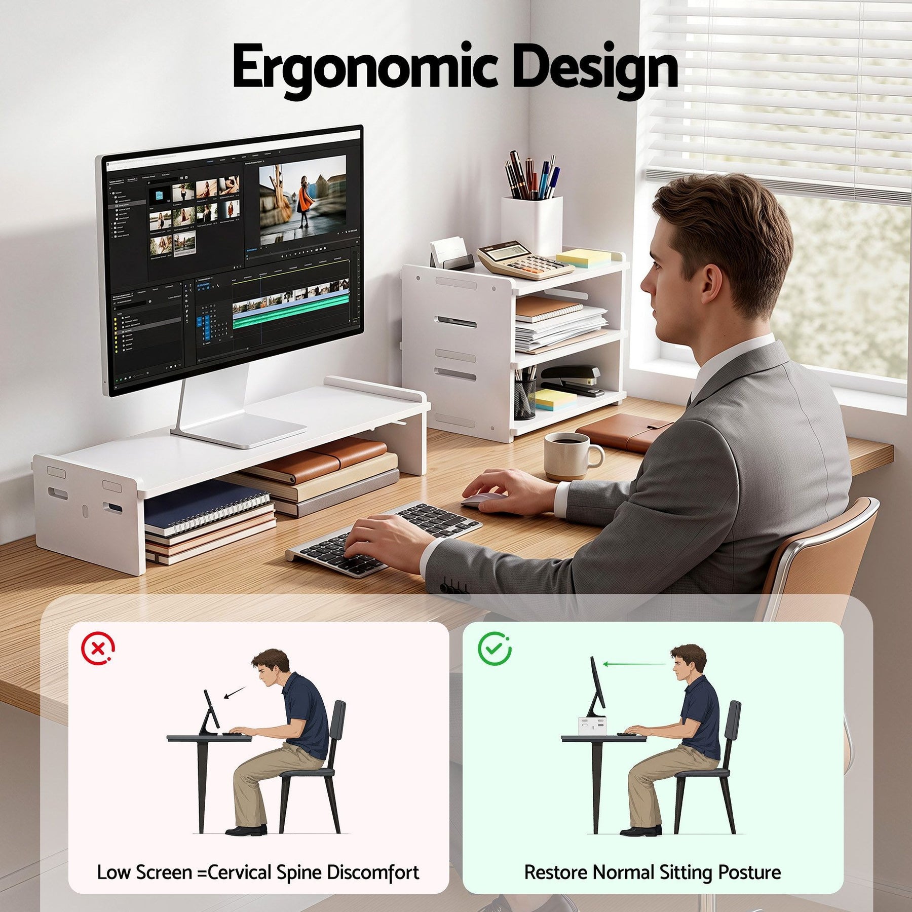 Artiss 2-in-1 Monitor Stand & 3-Tier Desk Organiser – White PVC, 20kg Capacity
