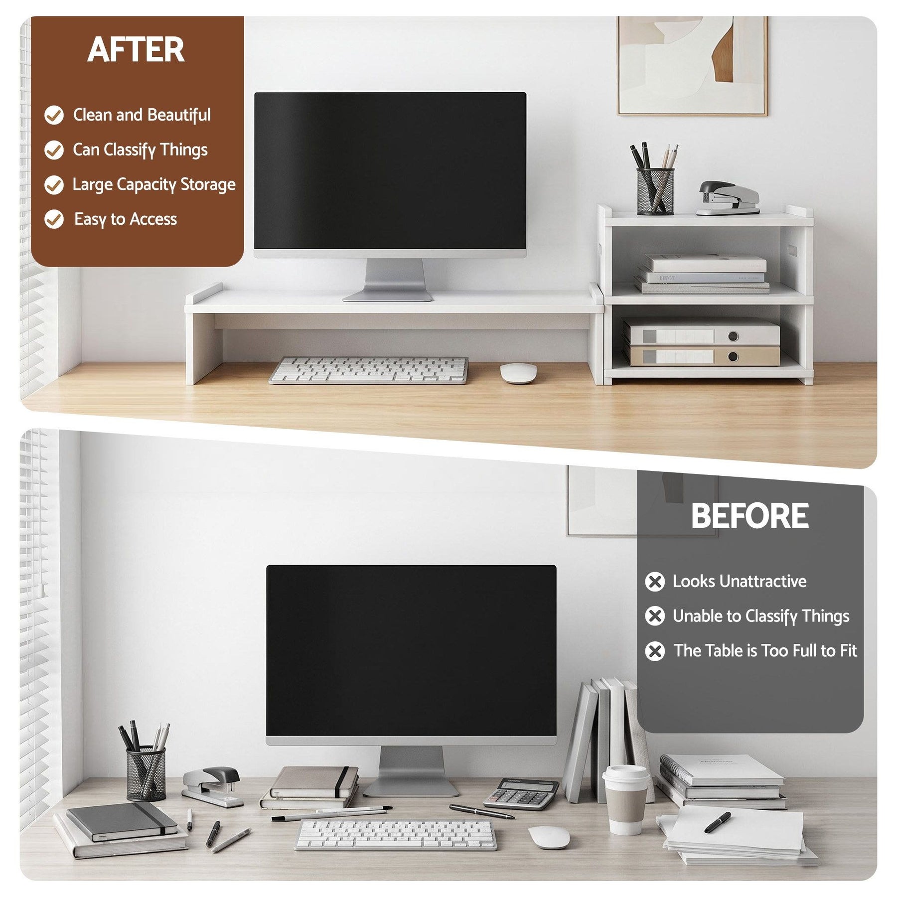 Artiss 2-in-1 Monitor Stand & 3-Tier Desk Organiser – White PVC, 20kg Capacity