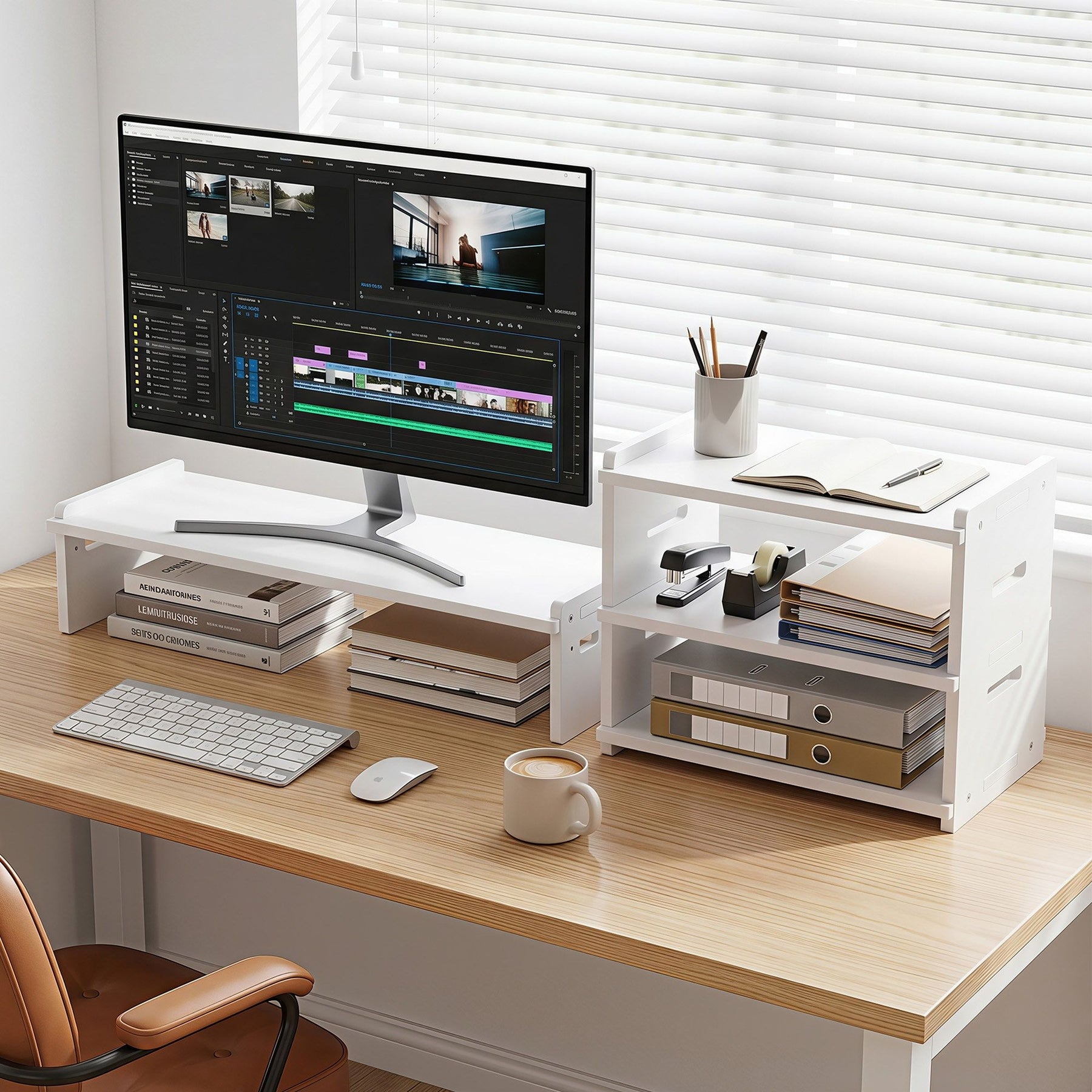 Artiss 2-in-1 Monitor Stand & 3-Tier Desk Organiser – White PVC, 20kg Capacity