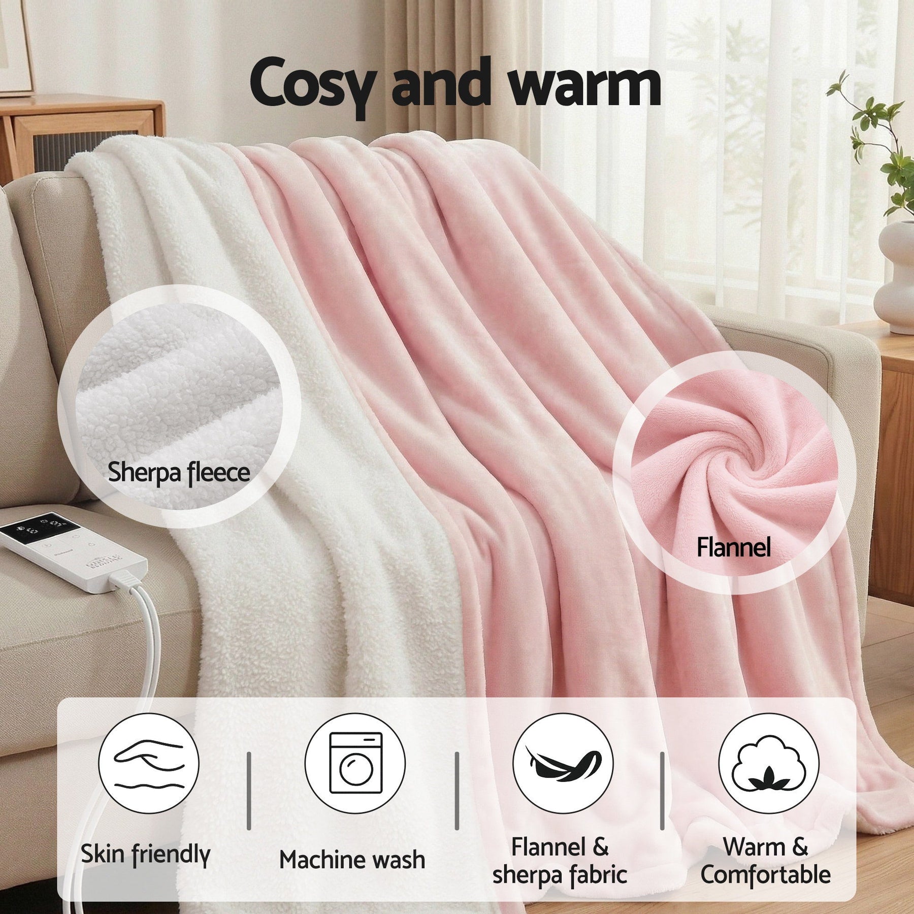 Giselle Bedding Electric Throw Rug – Pink 160 x 130cm, 9 Heat Settings