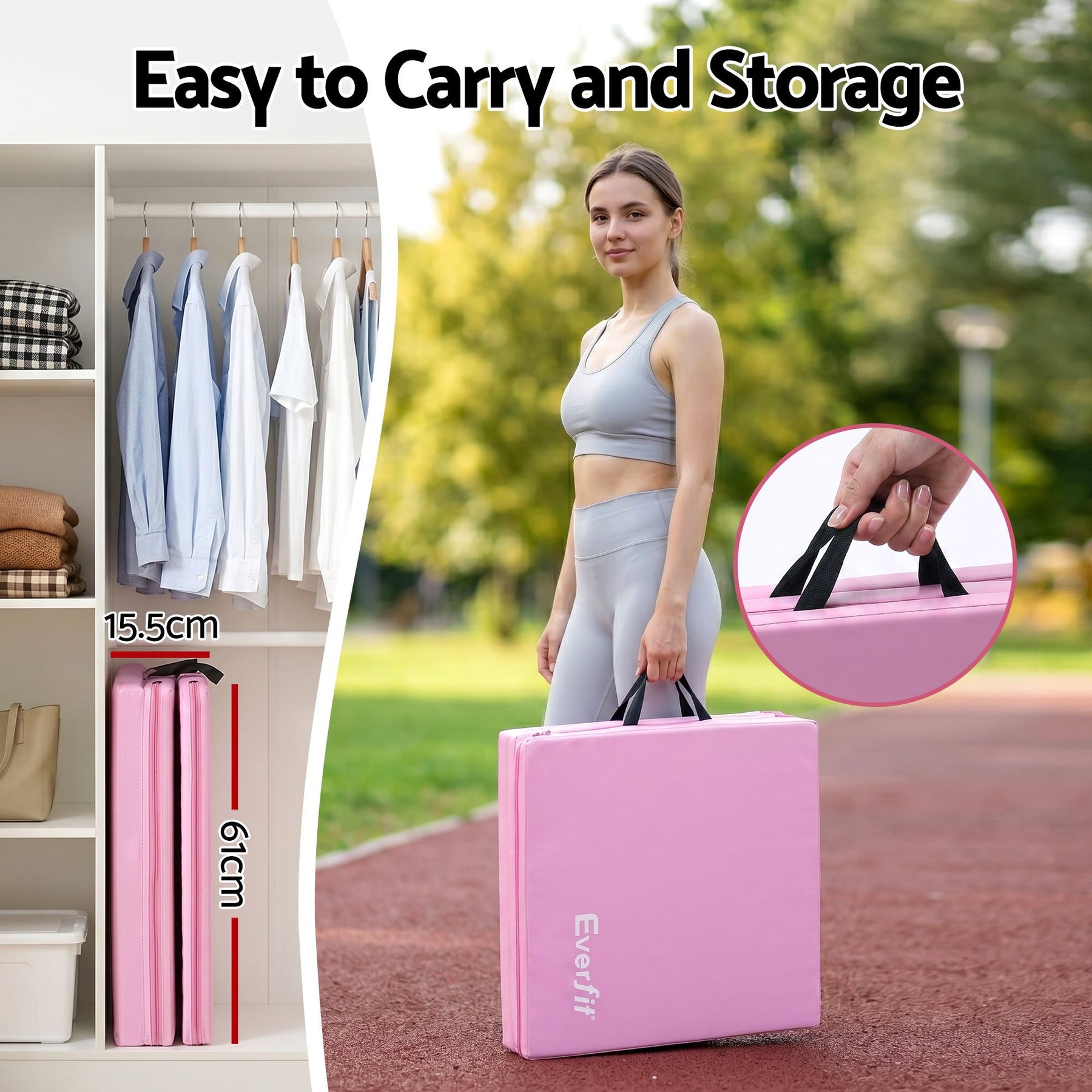 Everfit Pink Folding Gymnastics Mat with Carry Handles - 181 x 61cm