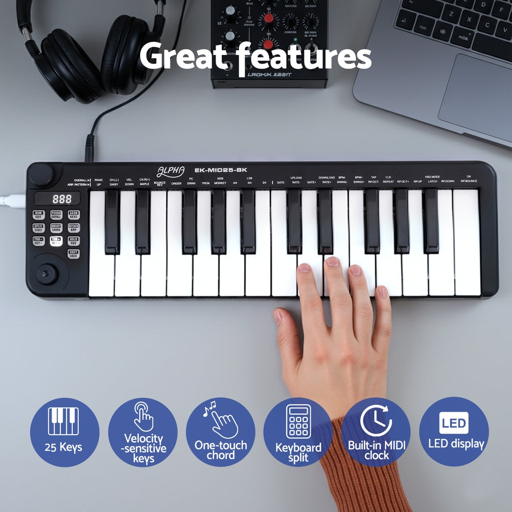 Alpha 25-Key MIDI Keyboard Controller USB Portable - Black