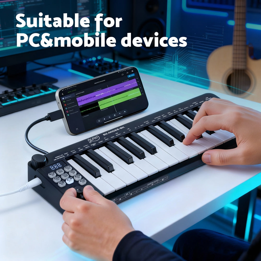 Alpha 25-Key MIDI Keyboard Controller USB Portable - Black