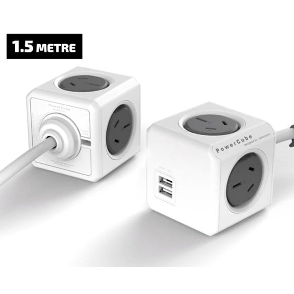 Allocacoc PowerCube Extended USB Powerboard 4-Outlets 2 USB Ports Grey-White 1.5m - SuperSaverAU - view 3