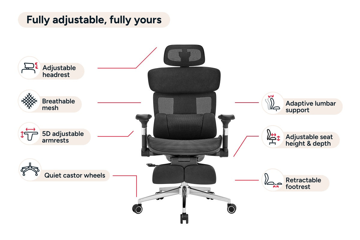 Ergolux Pro Max Ergonomic Mesh Office Chair with Footrest (Black)