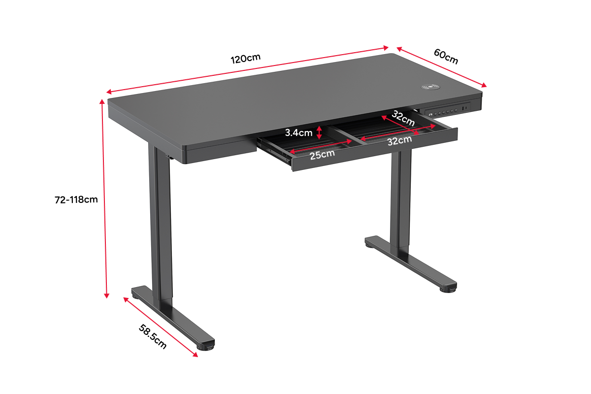 Ergolux Electric Standing Desk with Drawer 120 x 60cm (Black/Black)