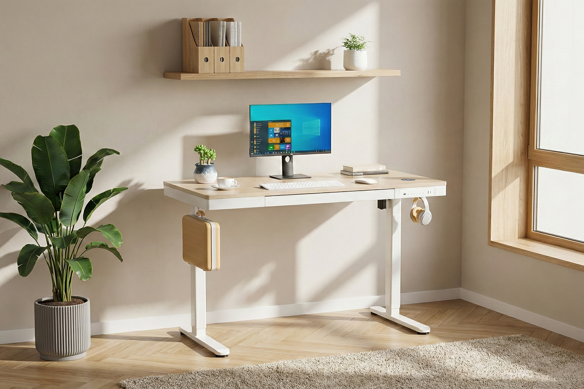 Ergolux Electric Standing Desk with Drawer 120 x 60cm (Oak/White)