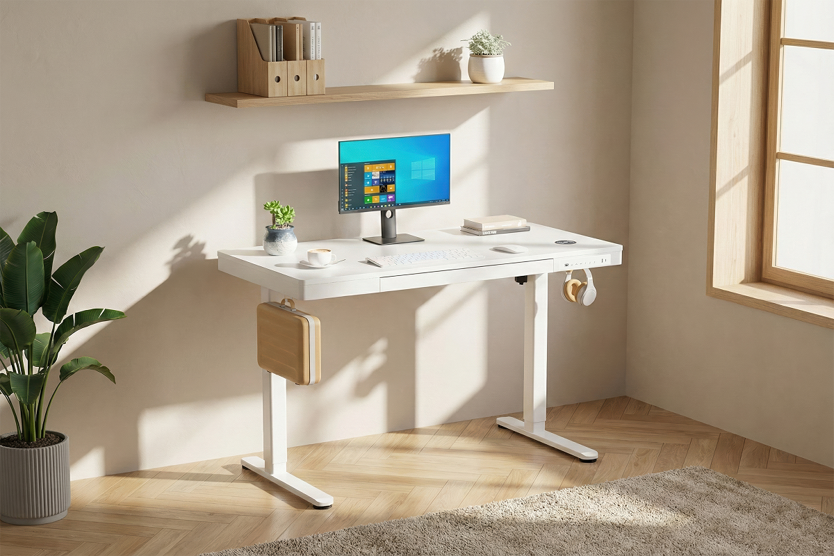 Ergolux Electric Standing Desk with Drawer 120 x 60cm (White/White)