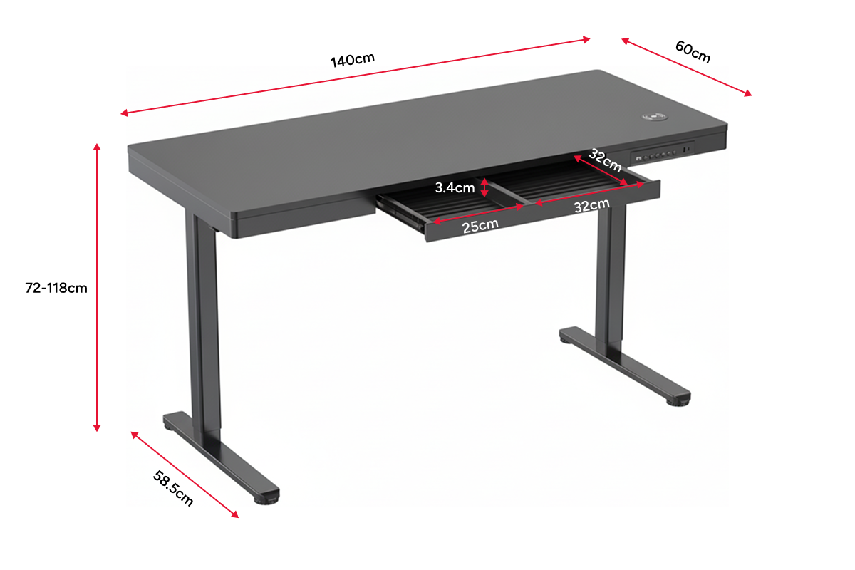 Ergolux Electric Standing Desk with Drawer 140 x 60cm (Black/Black)