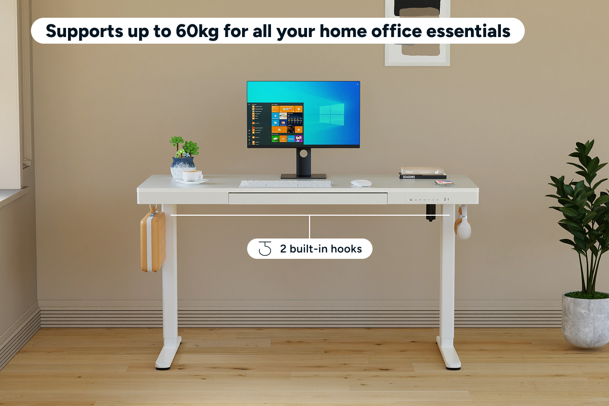 Ergolux Electric Standing Desk with Drawer 140 x 60cm (White/White)