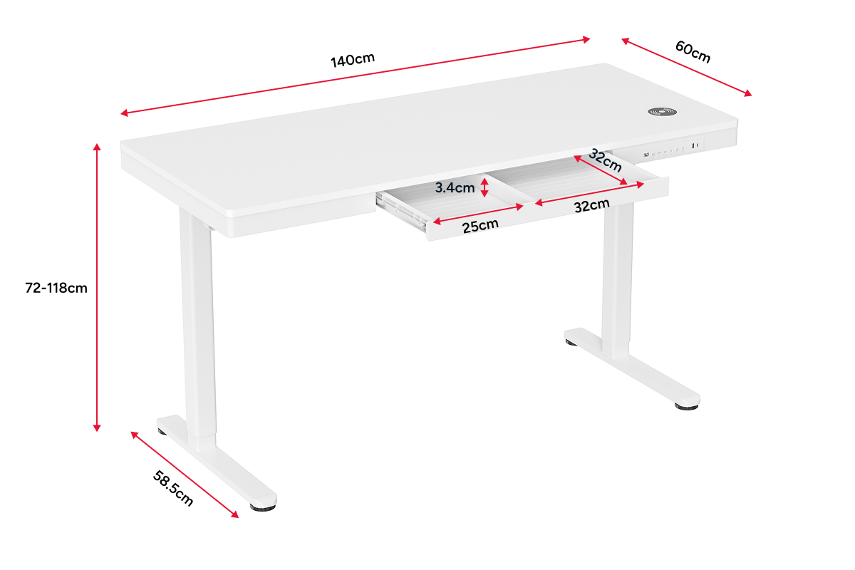 Ergolux Electric Standing Desk with Drawer 140 x 60cm (White/White)