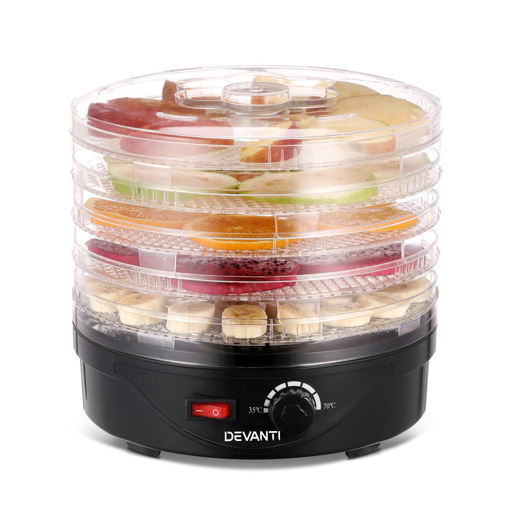 Devanti 5 Tray Food Dehydrator Fruit & Jerky Dryer - Black