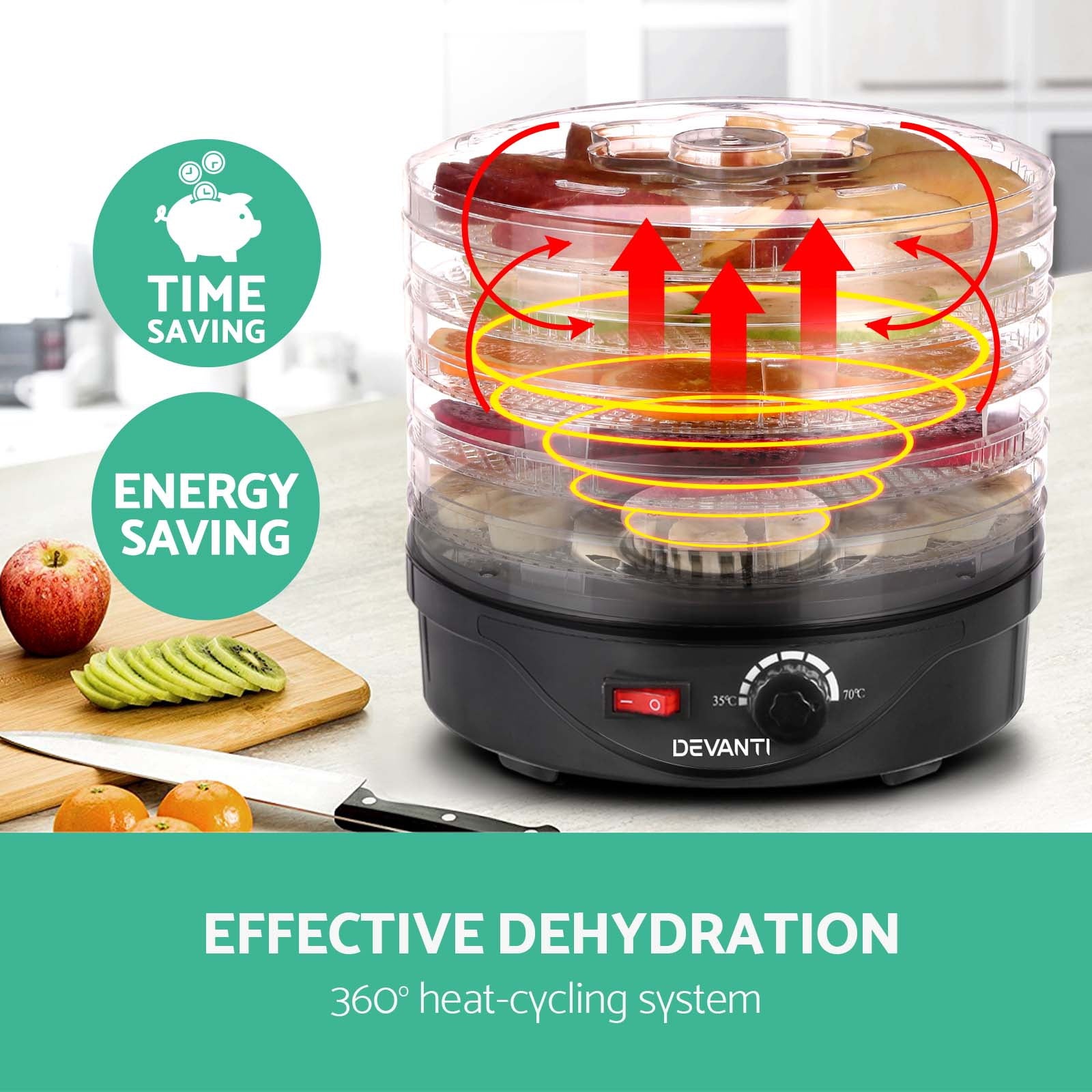 Devanti 5 Tray Food Dehydrator Fruit & Jerky Dryer - Black