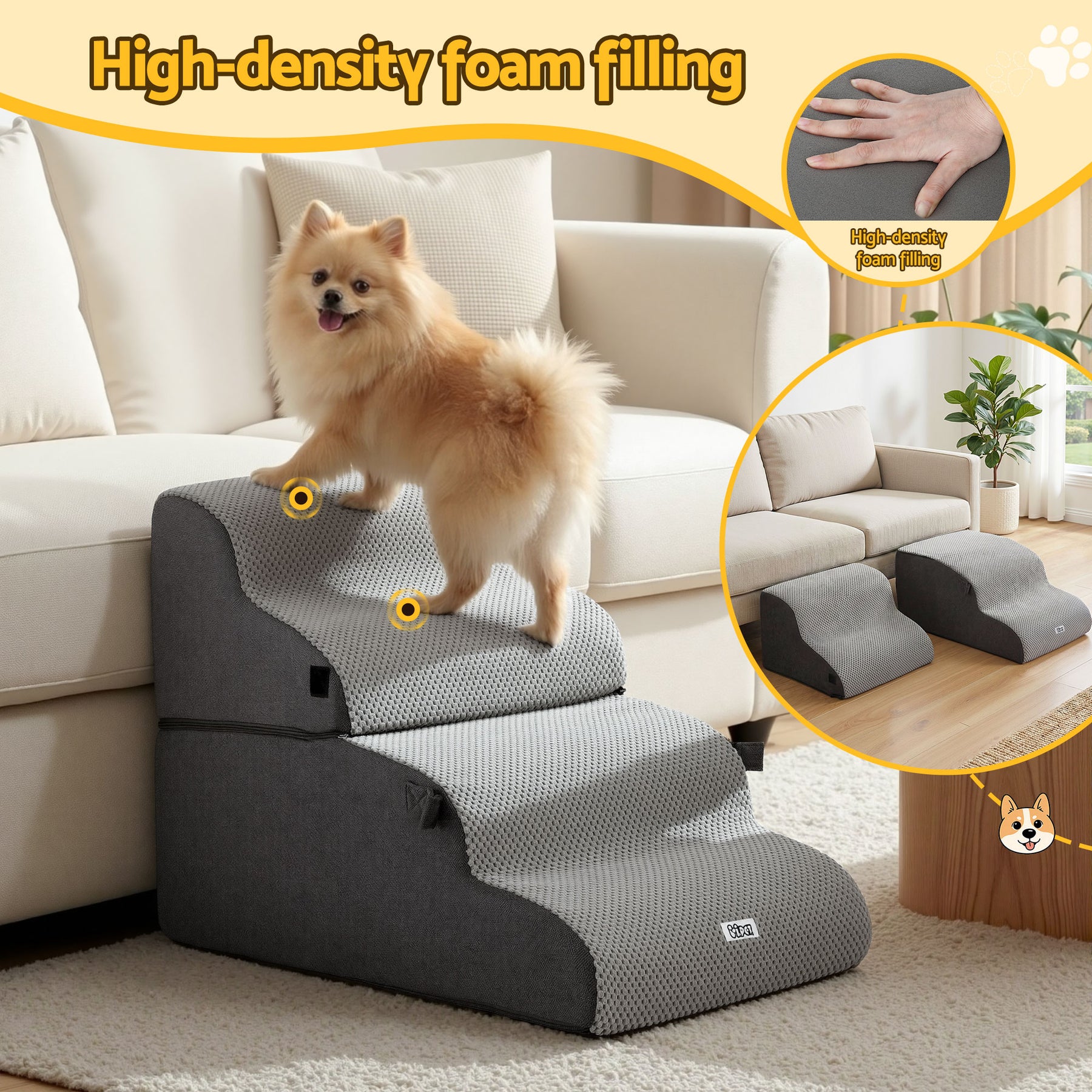 i.Pet 2-in-1 Dog Stairs & Bed with Washable Cover - Grey
