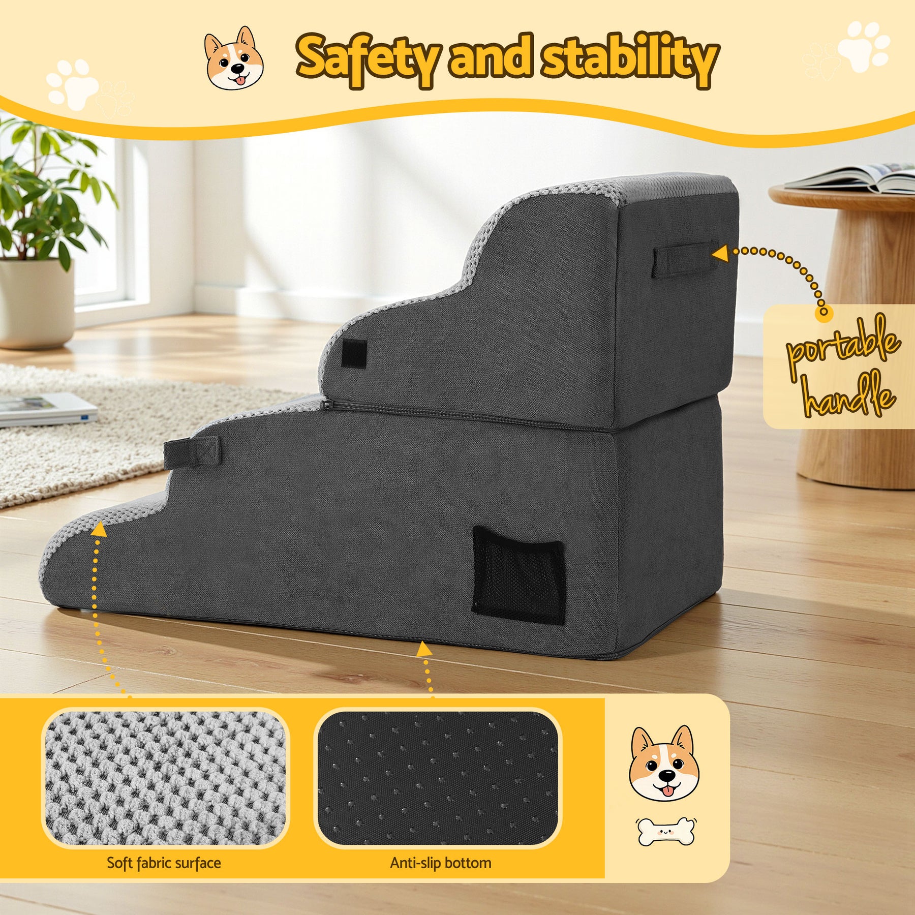 i.Pet 2-in-1 Dog Stairs & Bed with Washable Cover - Grey