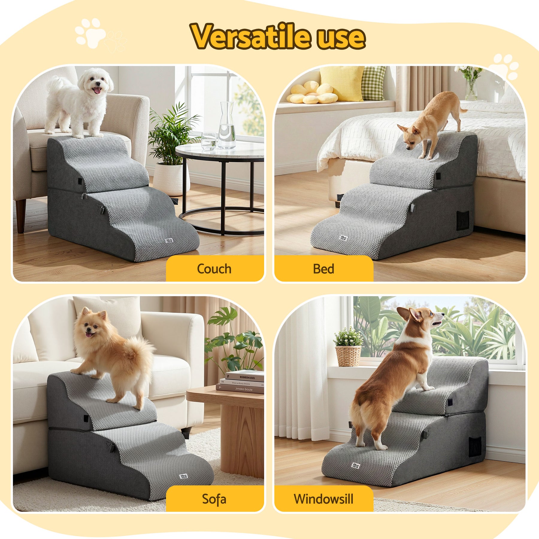 i.Pet 2-in-1 Dog Stairs & Bed with Washable Cover - Grey