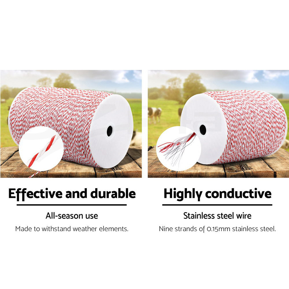 Giantz 1000M Red and White Electric Fence Polywire, 2.3mm, UV Stabilised