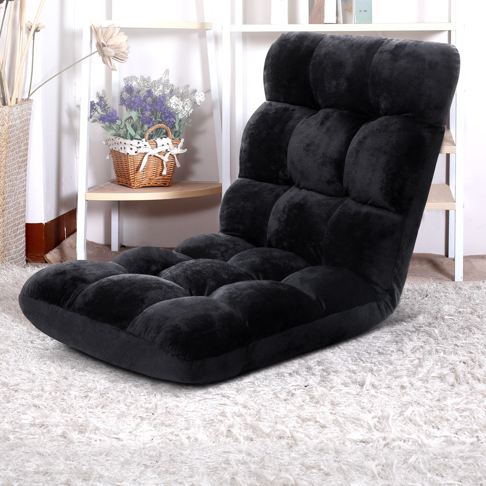 Artiss Floor Lounge Sofa Bed Flannel Fabric Black - SuperSaverAU - view 7