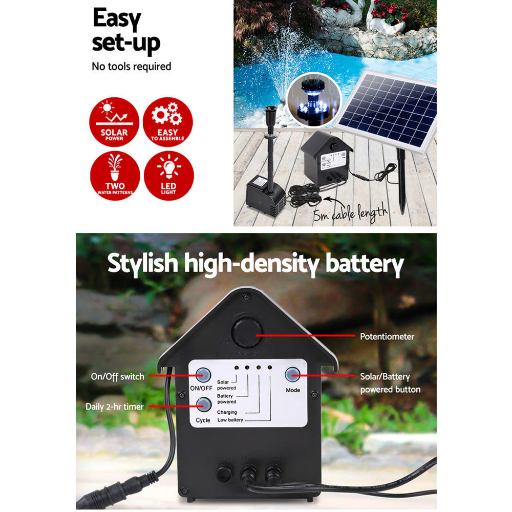 Gardeon Solar Powered Fountain 800L/H with Battery Kit & LED Lights 6.6FT - SuperSaverAU - view 3
