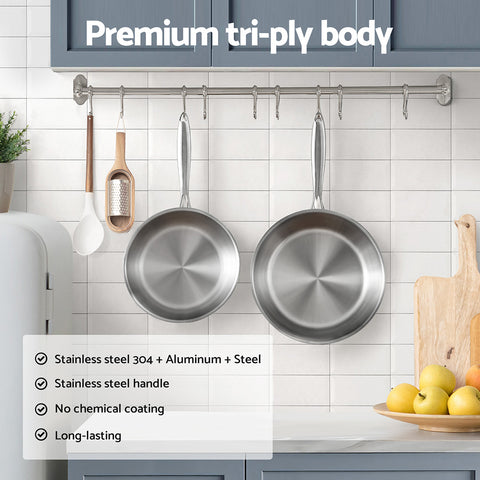 5-star Chef Stainless Steel Frypan Set 25/30cm Uncoated, Ergonomic Handles, Silver - SuperSaverAU - view 2