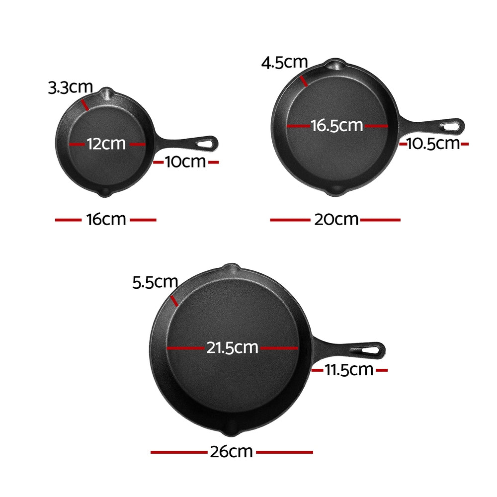 5-star Chef Cast Iron Frying Pan Set 3pcs, PFOA-Free, Non-Stick, Black - SuperSaverAU - view 2